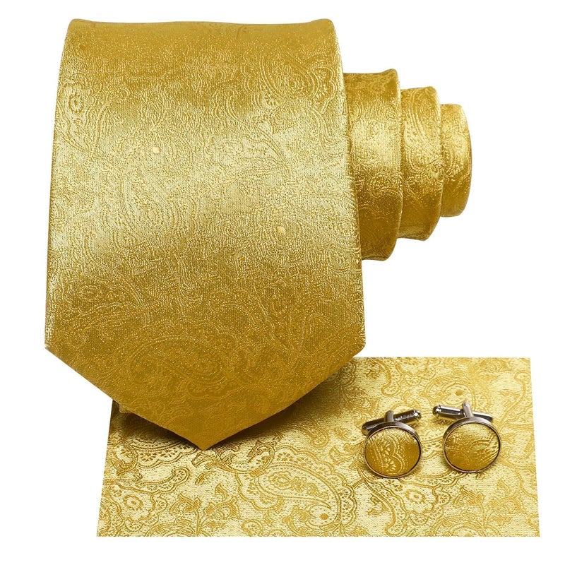 Dubulle Mens Tie and Lapel Pin Gold Paisley Striped Floral Necktie for Men Pocket Square Cufflinks Wedding Party - Image 4